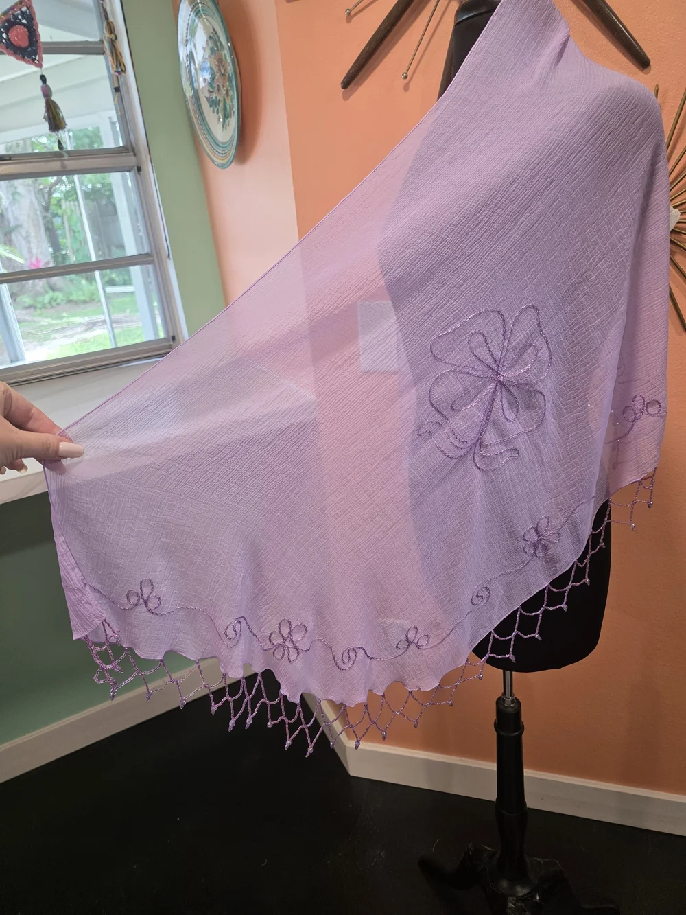 Vintage Y2K Sheer Shawl Lavender Embroidered Wrap Scarf Beaded Fringe